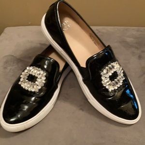 Black Patent Slip On Shoes with Blingy Decor